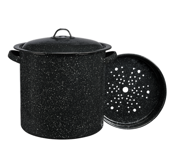 Large 6 Qt. Black & White Speckled Enamel Pasta/Blancher Pot with Stainer &  Lid